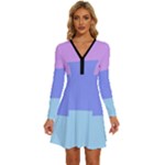 Pastel Colour, Blue, Lilac, Orange, Pastel, Pink, Romance Long Sleeve Deep V Mini Dress 