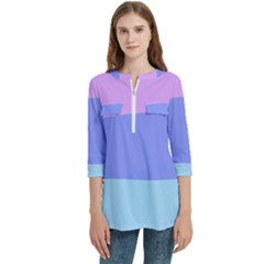 Women s Zip Front V-Neck 3/4 Sleeve Casual Top Pocket Shirt 