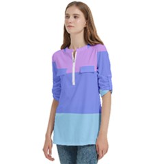 Women s Zip Front V-Neck 3/4 Sleeve Casual Top Pocket Shirt 