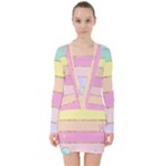 Pastel, Butterfly, Spring, Stripes, V-neck Bodycon Long Sleeve Dress