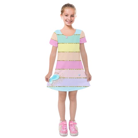 Pastel, Butterfly, Spring, Stripes, Kids  Short Sleeve Velvet Dress from ArtsNow.com