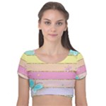 Pastel, Butterfly, Spring, Stripes, Velvet Short Sleeve Crop Top 