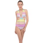 Pastel, Butterfly, Spring, Stripes, Halter Front Plunge Swimsuit