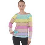 Pastel, Butterfly, Spring, Stripes, Off Shoulder Long Sleeve Velour Top