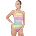 Pastel, Butterfly, Spring, Stripes, High Neck One Piece Swimsuit