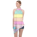 Pastel, Butterfly, Spring, Stripes, Halter Asymmetric Satin Top