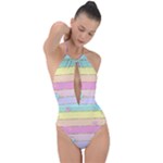 Pastel, Butterfly, Spring, Stripes, Plunge Cut Halter Swimsuit