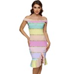 Pastel, Butterfly, Spring, Stripes, Off Shoulder Ruffle Split Hem Bodycon Dress