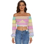 Pastel, Butterfly, Spring, Stripes, Long Sleeve Crinkled Weave Crop Top