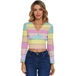 Pastel, Butterfly, Spring, Stripes, Long Sleeve V-Neck Top