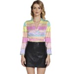 Pastel, Butterfly, Spring, Stripes, Long Sleeve Tie Back Satin Wrap Top