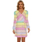 Pastel, Butterfly, Spring, Stripes, Long Sleeve Waist Tie Ruffle Velvet Dress