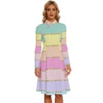 Pastel, Butterfly, Spring, Stripes, Long Sleeve Shirt Collar A-Line Dress