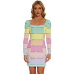 Pastel, Butterfly, Spring, Stripes, Long Sleeve Square Neck Bodycon Velvet Dress