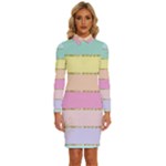 Pastel, Butterfly, Spring, Stripes, Long Sleeve Shirt Collar Bodycon Dress