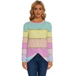 Pastel, Butterfly, Spring, Stripes, Long Sleeve Crew Neck Pullover Top