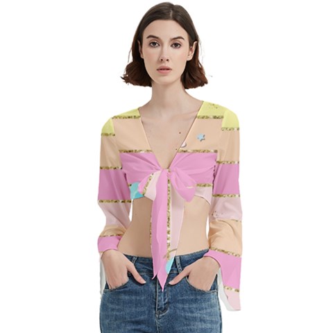 Pastel, Butterfly, Spring, Stripes, Trumpet Sleeve Cropped Top from ArtsNow.com