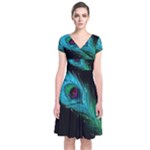 Shree Krishna, Feather, Lord, Rainbows Short Sleeve Front Wrap Dress