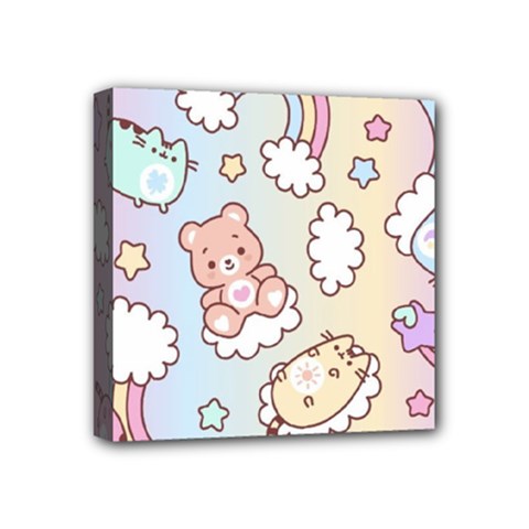 Usheen Carebears, Bears, Cat, Colorful, Cute, Pastel, Pattern Mini Canvas 4  x 4  (Stretched) from ArtsNow.com