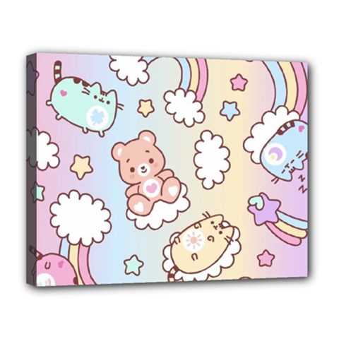 Usheen Carebears, Bears, Cat, Colorful, Cute, Pastel, Pattern Canvas 14  x 11  (Stretched) from ArtsNow.com