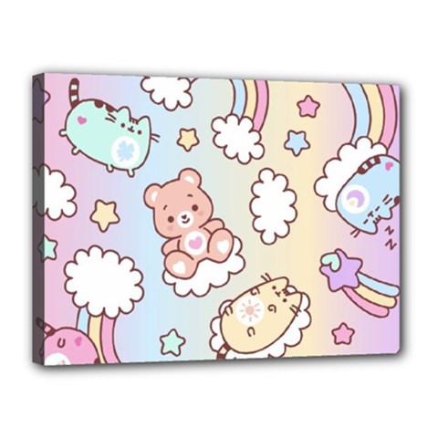 Usheen Carebears, Bears, Cat, Colorful, Cute, Pastel, Pattern Canvas 16  x 12  (Stretched) from ArtsNow.com