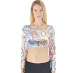 Usheen Carebears, Bears, Cat, Colorful, Cute, Pastel, Pattern Long Sleeve Crop Top