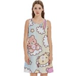 Usheen Carebears, Bears, Cat, Colorful, Cute, Pastel, Pattern Round Neck Sleeve Casual Dress With Pockets