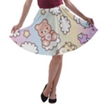 Usheen Carebears, Bears, Cat, Colorful, Cute, Pastel, Pattern A-line Skater Skirt