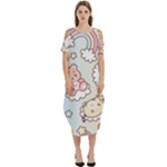 Usheen Carebears, Bears, Cat, Colorful, Cute, Pastel, Pattern Cold Shoulder Loose Fit Dress With Pockets