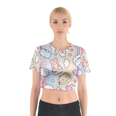 Usheen Carebears, Bears, Cat, Colorful, Cute, Pastel, Pattern Cotton Crop Top from ArtsNow.com