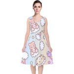 Usheen Carebears, Bears, Cat, Colorful, Cute, Pastel, Pattern V-Neck Midi Sleeveless Dress 