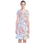 Usheen Carebears, Bears, Cat, Colorful, Cute, Pastel, Pattern Short Sleeve Front Wrap Dress