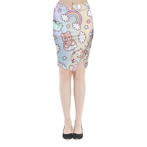 Usheen Carebears, Bears, Cat, Colorful, Cute, Pastel, Pattern Midi Wrap Pencil Skirt from ArtsNow.com