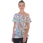 Usheen Carebears, Bears, Cat, Colorful, Cute, Pastel, Pattern Off Shoulder Tie-Up T-Shirt