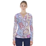 Usheen Carebears, Bears, Cat, Colorful, Cute, Pastel, Pattern V-Neck Long Sleeve Top