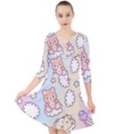 Usheen Carebears, Bears, Cat, Colorful, Cute, Pastel, Pattern Quarter Sleeve Front Wrap Dress