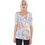 Usheen Carebears, Bears, Cat, Colorful, Cute, Pastel, Pattern Wide Neckline T-Shirt