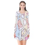 Usheen Carebears, Bears, Cat, Colorful, Cute, Pastel, Pattern Long Sleeve V-neck Flare Dress