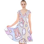 Usheen Carebears, Bears, Cat, Colorful, Cute, Pastel, Pattern Cap Sleeve Front Wrap Midi Dress