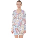 Usheen Carebears, Bears, Cat, Colorful, Cute, Pastel, Pattern V-neck Bodycon Long Sleeve Dress