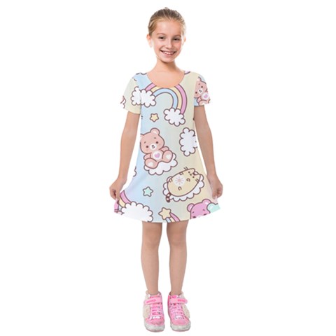 Usheen Carebears, Bears, Cat, Colorful, Cute, Pastel, Pattern Kids  Short Sleeve Velvet Dress from ArtsNow.com