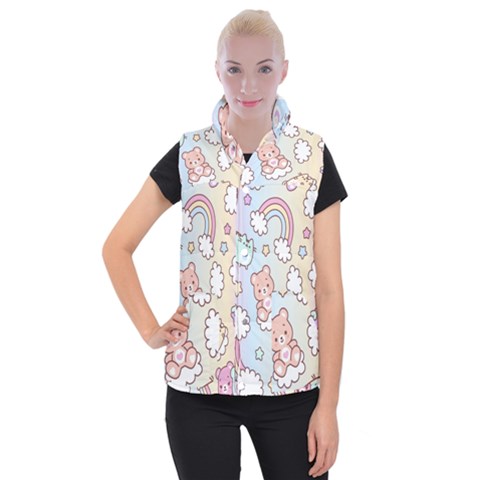 Usheen Carebears, Bears, Cat, Colorful, Cute, Pastel, Pattern Women s Button Up Vest from ArtsNow.com