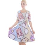 Usheen Carebears, Bears, Cat, Colorful, Cute, Pastel, Pattern Quarter Sleeve A-Line Dress With Pockets