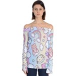 Usheen Carebears, Bears, Cat, Colorful, Cute, Pastel, Pattern Off Shoulder Long Sleeve Top