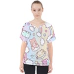 Usheen Carebears, Bears, Cat, Colorful, Cute, Pastel, Pattern V-Neck Dolman Drape Top