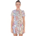 Usheen Carebears, Bears, Cat, Colorful, Cute, Pastel, Pattern Drop Hem Mini Chiffon Dress