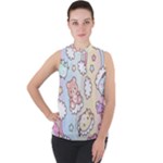 Usheen Carebears, Bears, Cat, Colorful, Cute, Pastel, Pattern Mock Neck Chiffon Sleeveless Top