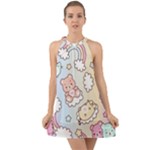 Usheen Carebears, Bears, Cat, Colorful, Cute, Pastel, Pattern Halter Tie Back Chiffon Dress