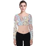 Usheen Carebears, Bears, Cat, Colorful, Cute, Pastel, Pattern Velvet Long Sleeve Crop Top