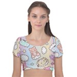 Usheen Carebears, Bears, Cat, Colorful, Cute, Pastel, Pattern Velvet Short Sleeve Crop Top 